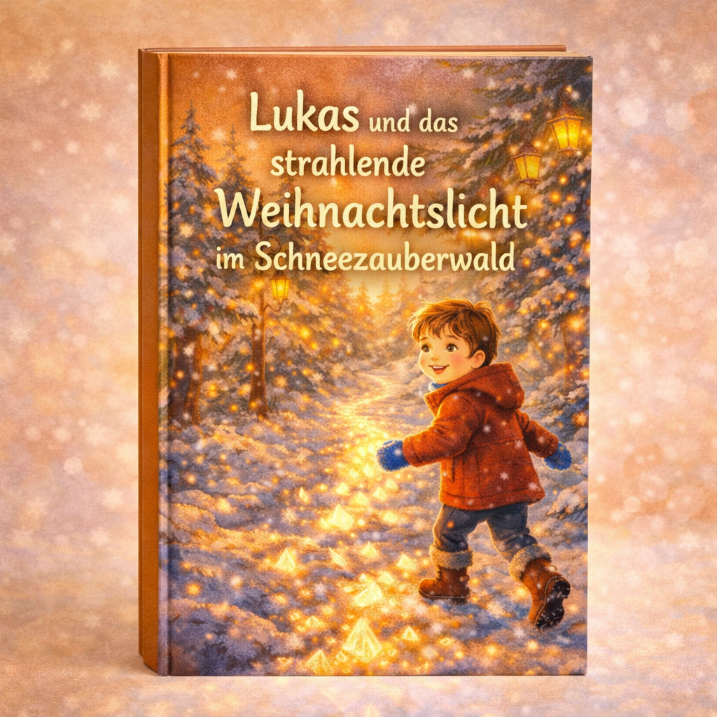 Buchcover: Junge im roten Mantel geht durch schneebedeckten Wald mit goldenen Lichtern – Lukas und das Weihnachtslicht
