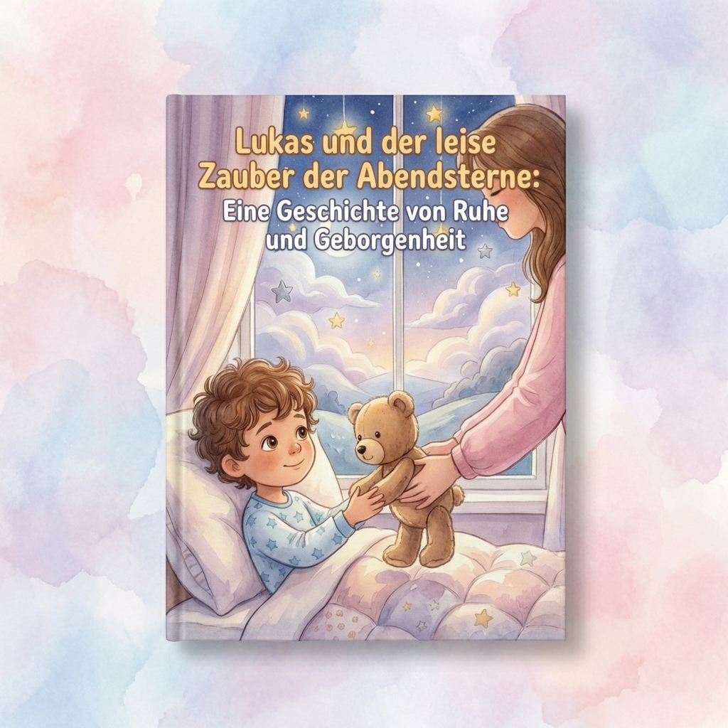 Buchcover: Lukas und der leise Zauber der Abendsterne — Junge im Pyjama im Bett erhält Teddybär vor sternenklarem Fenster