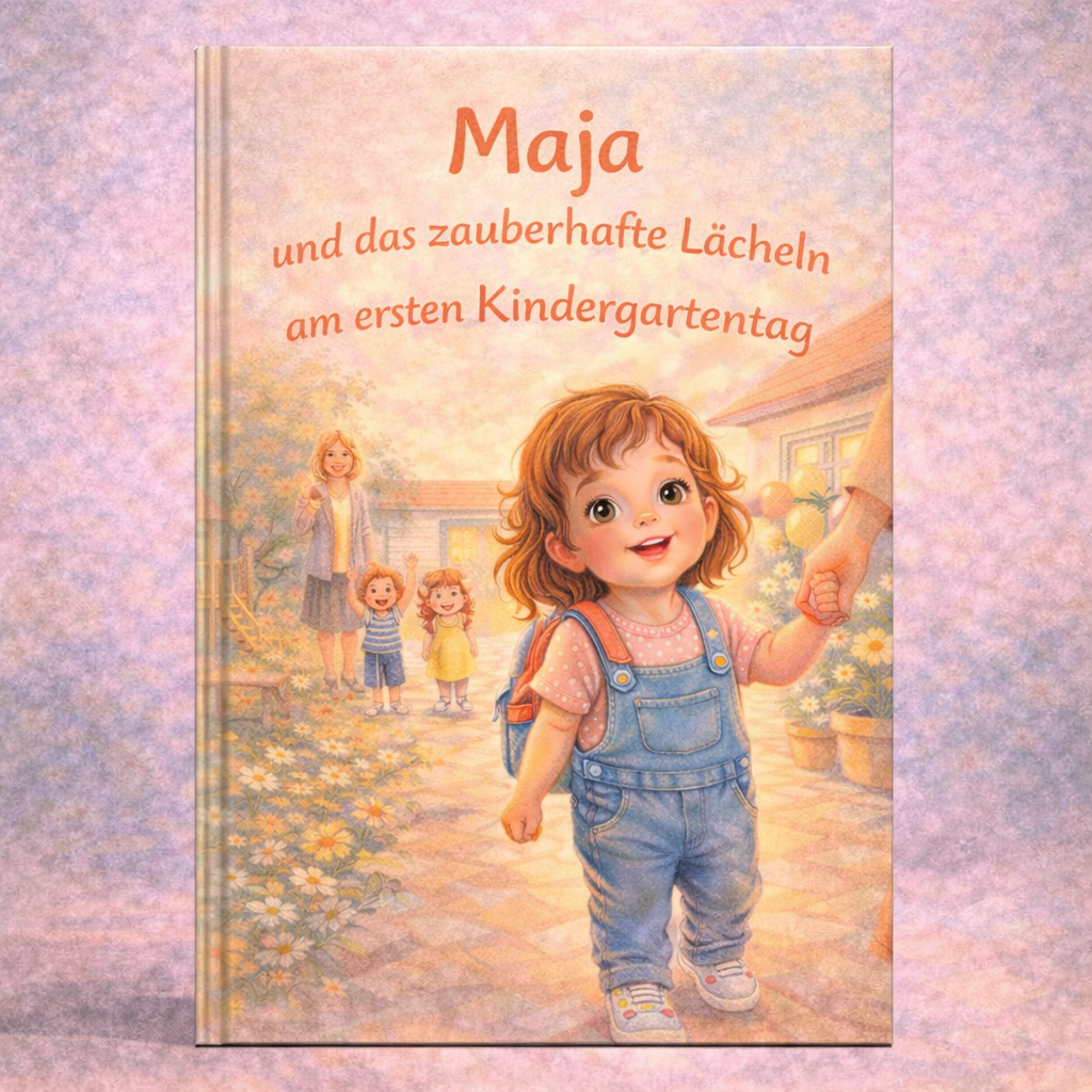 Maja, lachendes Kleinkind in Latzhose mit Rucksack, hält die Hand eines Erwachsenen vor dem Kindergarten; Kinder im Hintergrund.