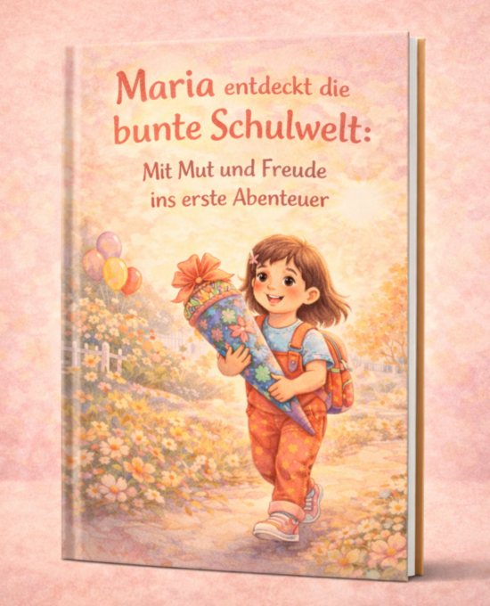 Fröhliches Mädchen mit Schultüte und Rucksack auf blühendem Weg, Buchtitel Maria entdeckt die bunte Schulwelt.