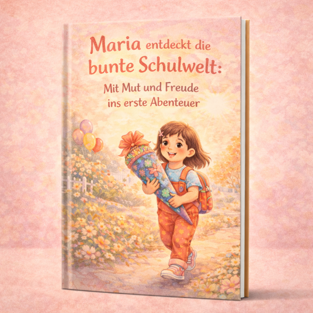 Fröhliches Mädchen mit Schultüte und Rucksack auf blühendem Weg, Buchtitel Maria entdeckt die bunte Schulwelt.
