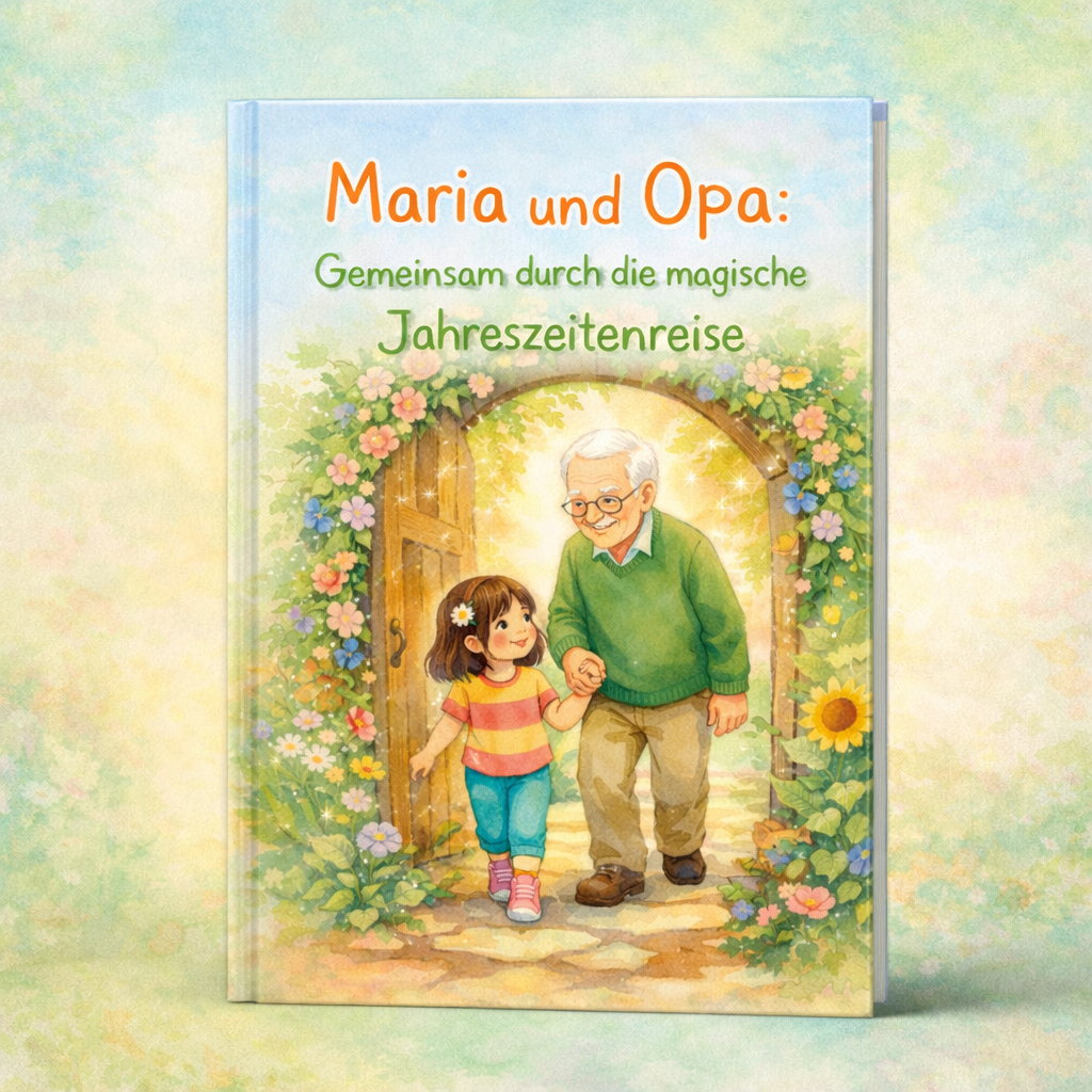 Cover eines Kinderbuchs mit Titel "Maria und Opa", das einen lächelnden Opa und ein Mädchen Hand in Hand durch einen blumenumrankten Torbogen zeigt.
