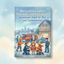Kinderbuchcover: Maria mit Feuerwehr- und Polizeiteam vor Feuerwehrauto und Polizeiauto, freundliche Stadtkulisse.