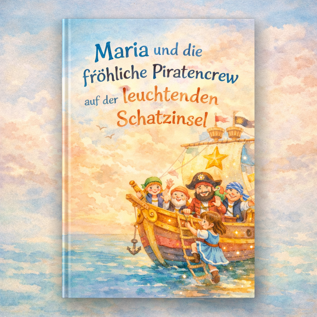 Kinderbuchcover: Maria klettert an Bord eines fröhlichen Piratenschiffs mit sternförmigem Segel, Aquarellstil.