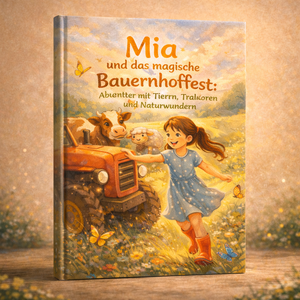 Cover Mia und das magische Bauernhoffest zeigt Mädchen in blauem Kleid und roten Stiefeln neben Traktor, Kuh und Schaf.