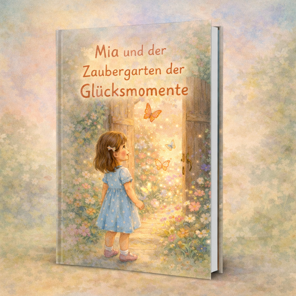 Mädchen im blauen Kleid vor offenem Gartentor, schimmernde Lichter und Schmetterlinge; Titel Mia und der Zaubergarten