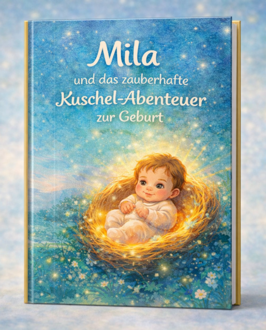 Buchcover Mila und das zauberhafte Kuschel-Abenteuer zur Geburt mit Baby in leuchtendem Nest vor sternenblauem Himmel