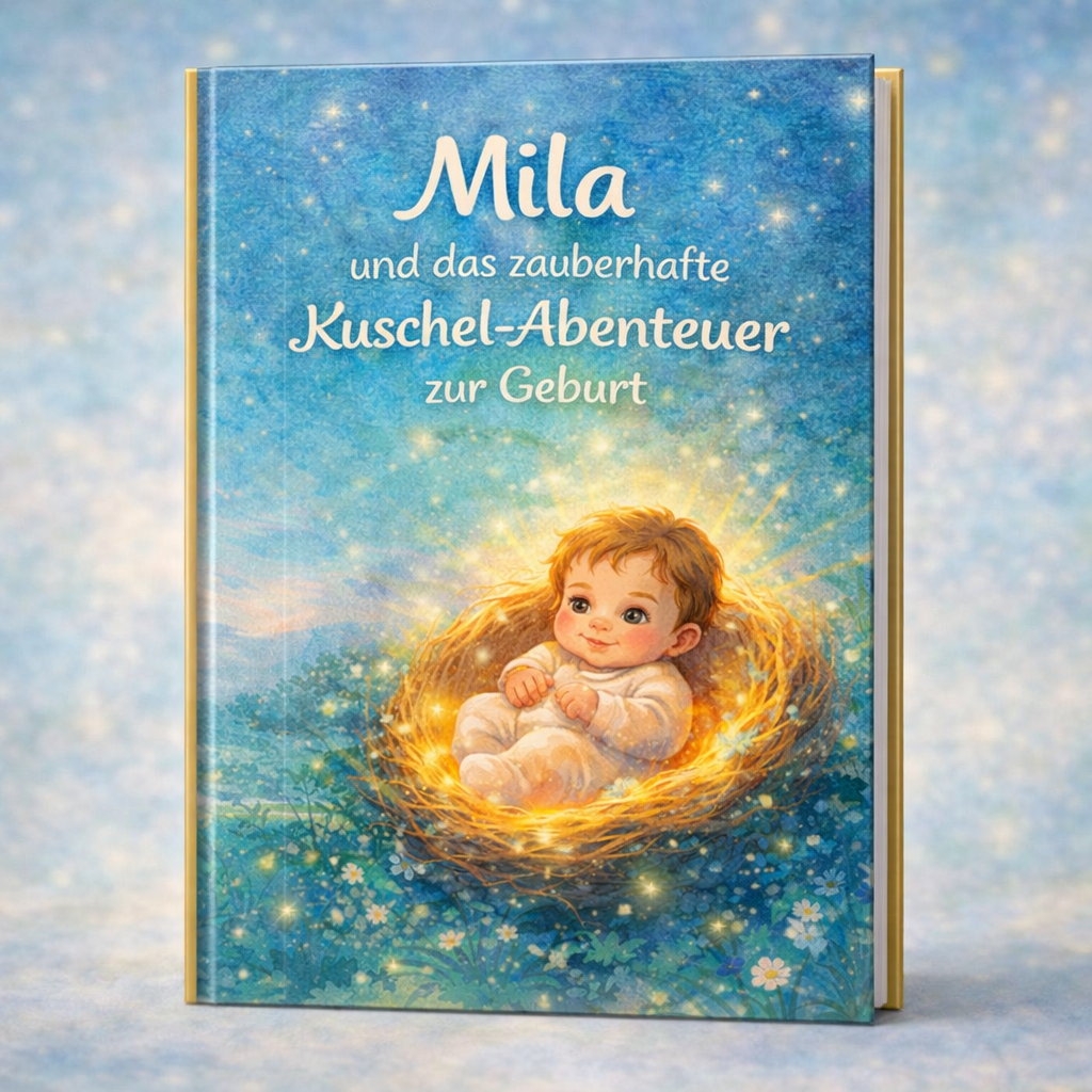 Buchcover Mila und das zauberhafte Kuschel-Abenteuer zur Geburt mit Baby in leuchtendem Nest vor sternenblauem Himmel