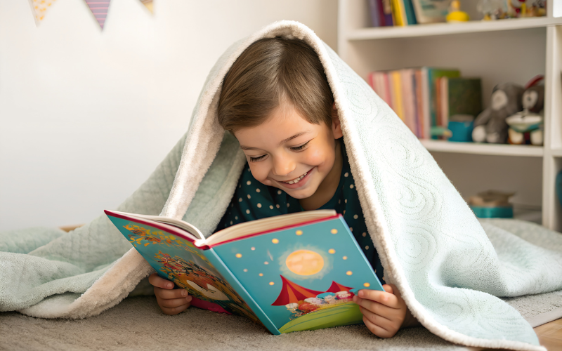 Lächelndes Kind liegt unter einer Decke und liest ein buntes Kinderbuch auf dem Boden im Kinderzimmer.