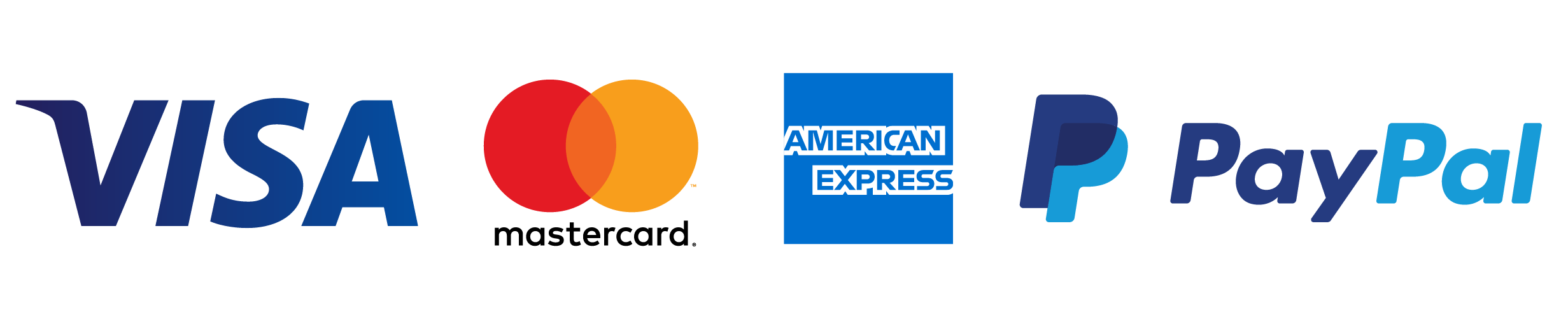 Logos von Visa (blau), Mastercard (überlappende rote und orange Kreise), American Express (blaues Rechteck) und PayPal nebeneinander.
