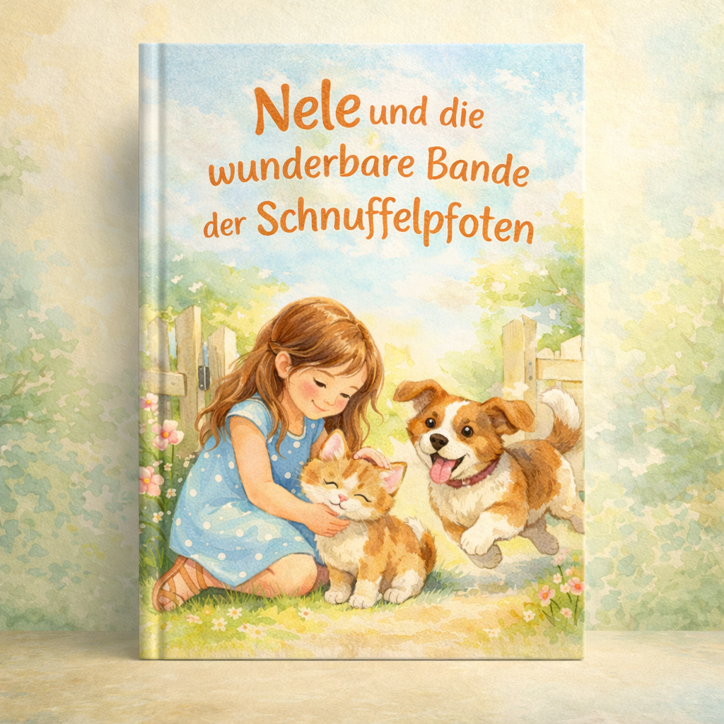 Mädchen im blauen Kleid streichelt ein Kätzchen, fröhlicher Hund springt daneben; Buchtitel: Nele und die Schnuffelpfoten
