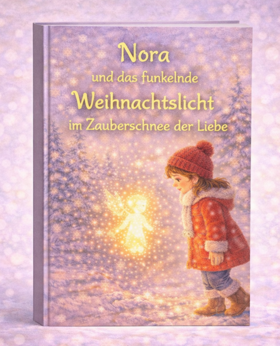 Kinderbuchcover: Mädchen im roten Mantel sieht ein leuchtendes Engelchen im Schnee; Titel: Nora und das Weihnachtslicht.