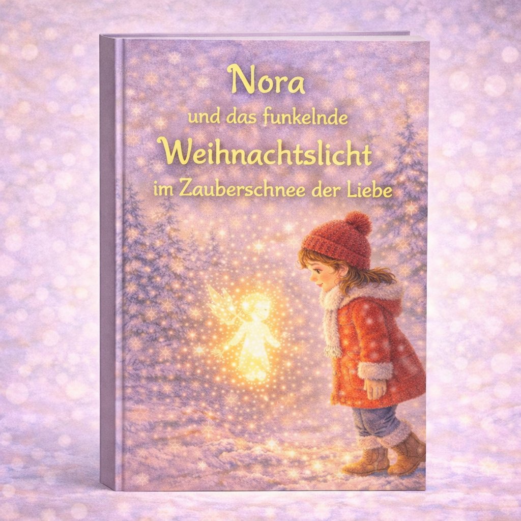 Kinderbuchcover: Mädchen im roten Mantel sieht ein leuchtendes Engelchen im Schnee; Titel: Nora und das Weihnachtslicht.