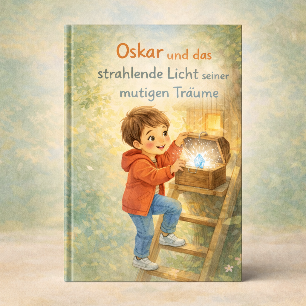 Ein Junge in orangener Kapuzenjacke auf einer Leiter öffnet eine Holzkiste, aus der ein blaues, strahlendes Kristalllicht emporleuchtet.