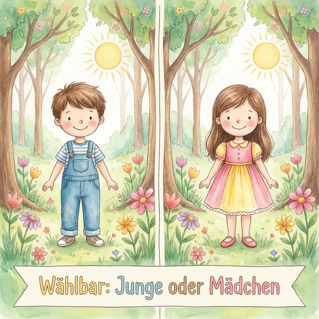 Zweigeteilte Illustration: links ein Junge in Latzhose, rechts ein Mädchen im Kleid in blumiger Waldszene, unten Schrift Wählbar: Junge oder Mädchen.