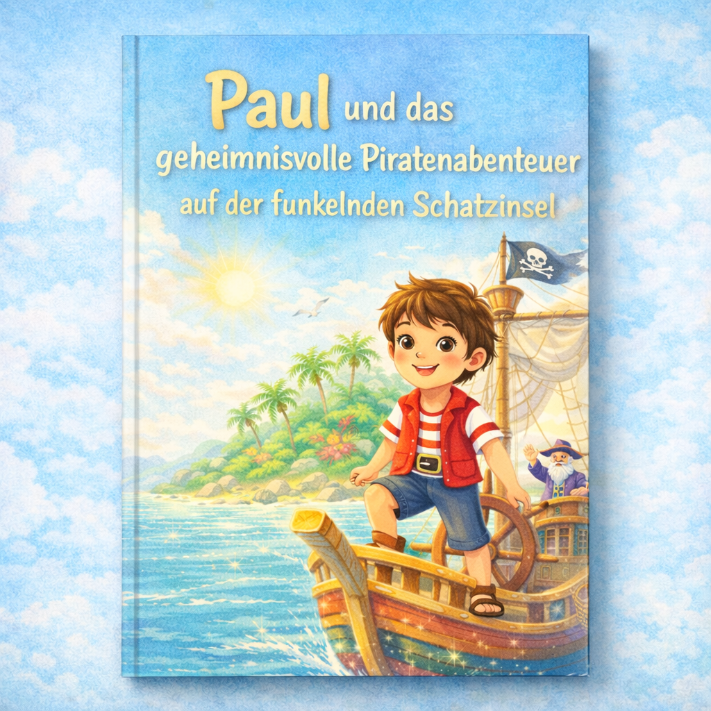 Buchcover mit dem Jungen Paul auf einem Piratenschiff, tropische Insel im Hintergrund, Sonne und Totenkopf‑Flagge.