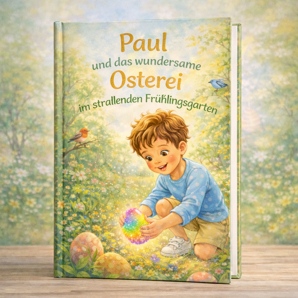 Cover eines Kinderbuchs: Paul kniet im blühenden Frühlingsgarten und hält ein leuchtendes Regenbogen-Osterei.