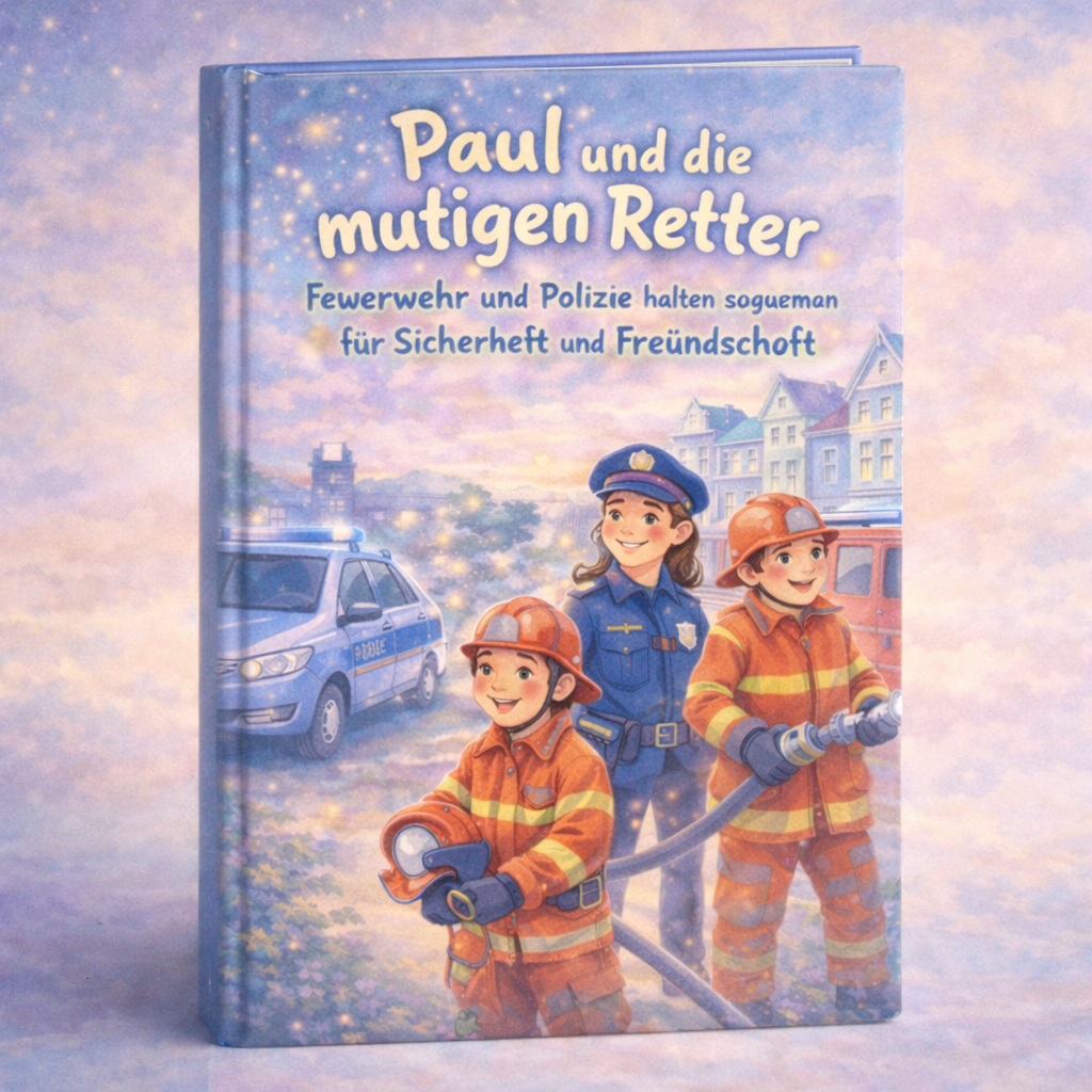 Kinderbuch Paul und die mutigen Retter mit zwei Feuerwehrkindern, einer Polizistin und Einsatzfahrzeugen im Hintergrund.