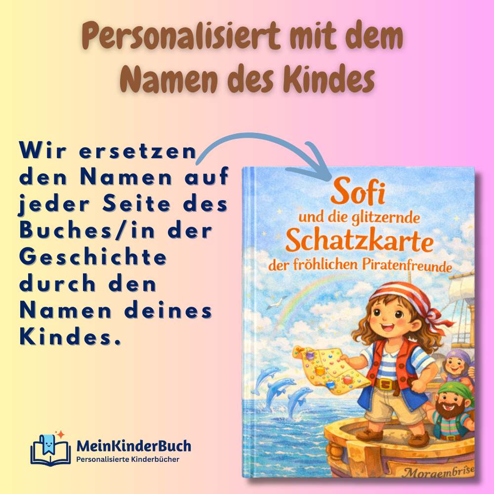 Kinderbuch mit personalisiertem Namen Sofi, fröhlicher Piraten-Illustration, Regenbogen und Hinweis auf Namenspersonalisierung