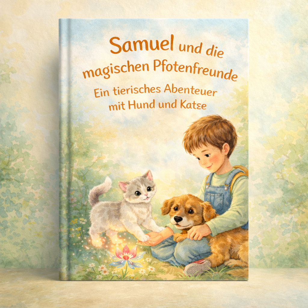 Kind, Hund und Katze sitzen im Gras bei einer leuchtenden Blume; Covertitel: Samuel und die magischen Pfotenfreunde
