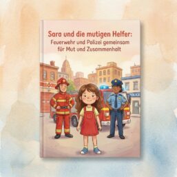 Sara steht vor einem Feuerwehrmann, einer Polizistin und einem Feuerwehrauto; Titel Sara und die mutigen Helfer.