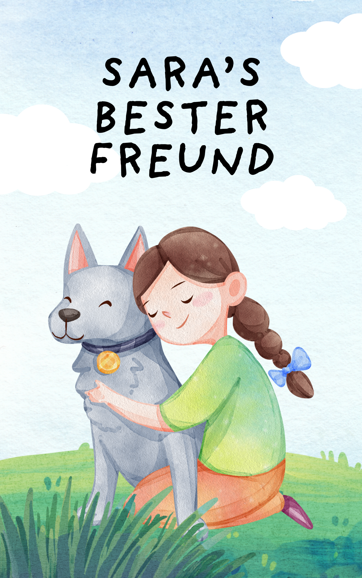 Mädchen mit Zopf umarmt lächelnden grauen Hund mit Medaille auf einer Wiese; oben Titel SARA'S BESTER FREUND.