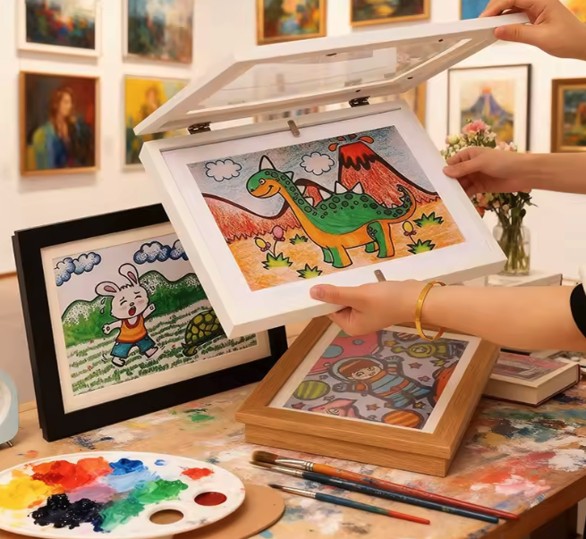Hände öffnen weißen Rahmen mit Kinderzeichnung eines grünen Dinos; weitere gerahmte Kinderbilder, Farbpalette und Pinsel.