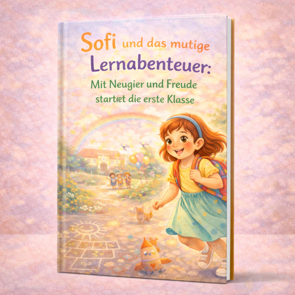 Kinderbuchcover Sofi und das mutige Lernabenteuer zeigt lachendes Mädchen mit Rucksack, Regenbogen und Schulweg.