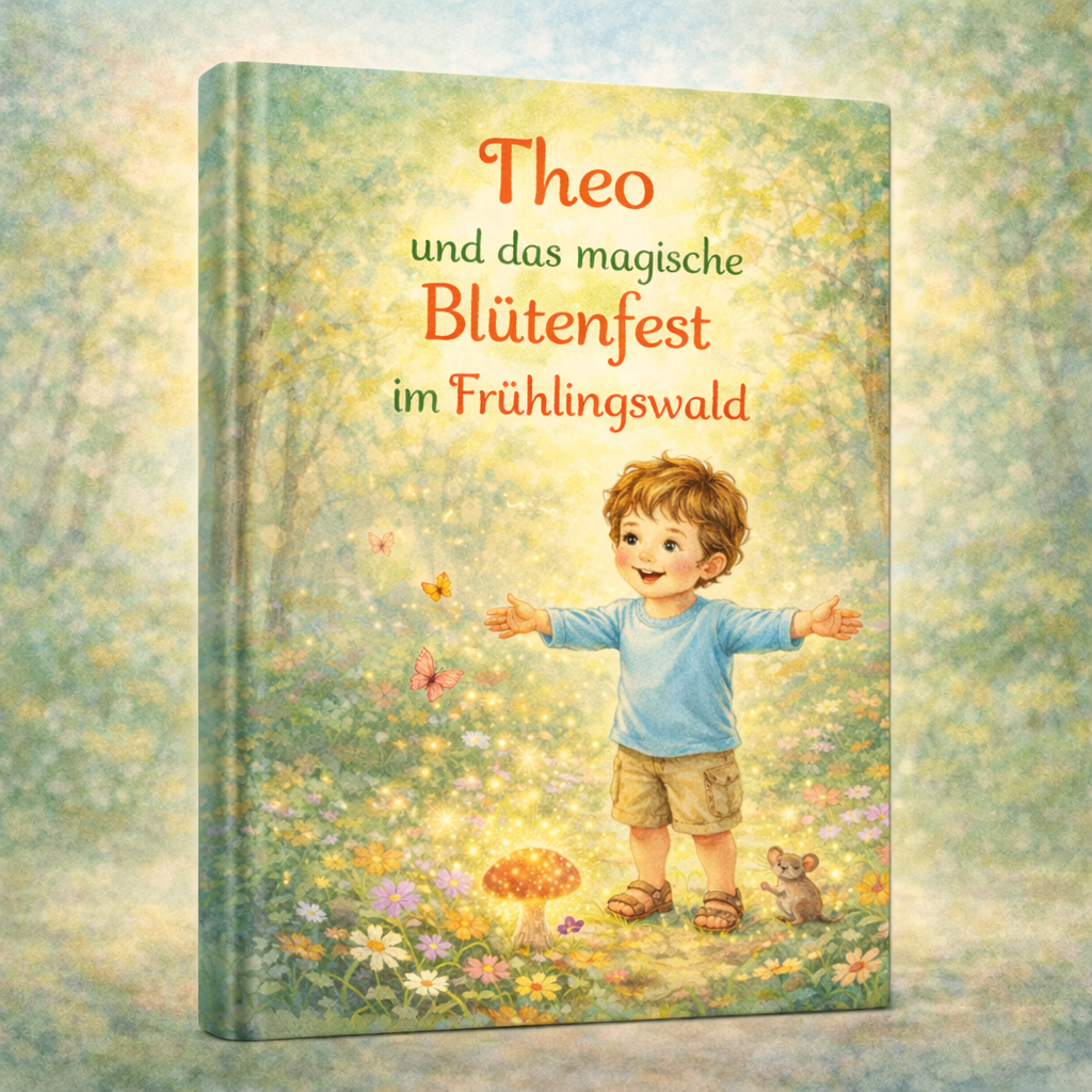 Buchcover: Junge mit offenen Armen in blühender Wiese, Schmetterlinge, leuchtender Pilz und Maus; Titel: Theo, Blütenfest