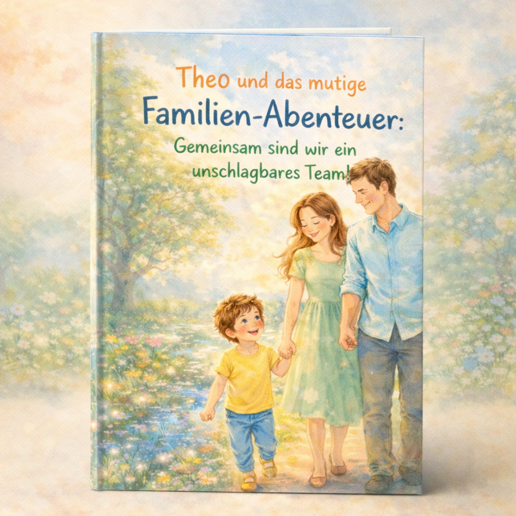 Buchcover mit Titel Theo und das mutige Familien-Abenteuer, das Eltern und ihren kleinen Sohn Hand in Hand auf einer blühenden Wiese zeigt