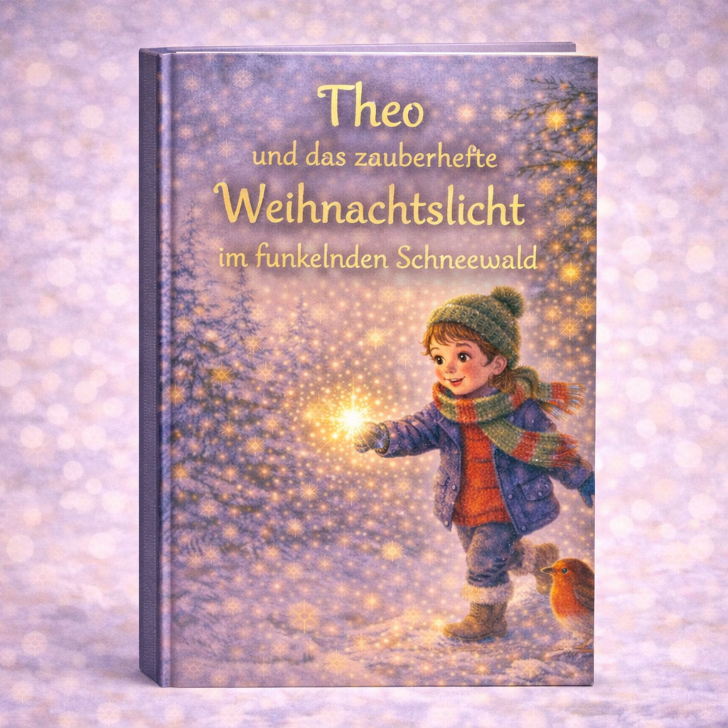 Kinderbuchcover "Weihnachtslicht": Junge hält leuchtendes Licht im funkelnden Schneewald, daneben ein Rotkehlchen.