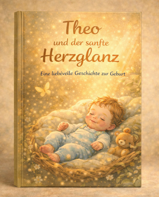 Cover: schlafendes Baby im Körbchen mit Teddybär vor goldenem Funkeln; Titel Theo und der sanfte Herzglanz.
