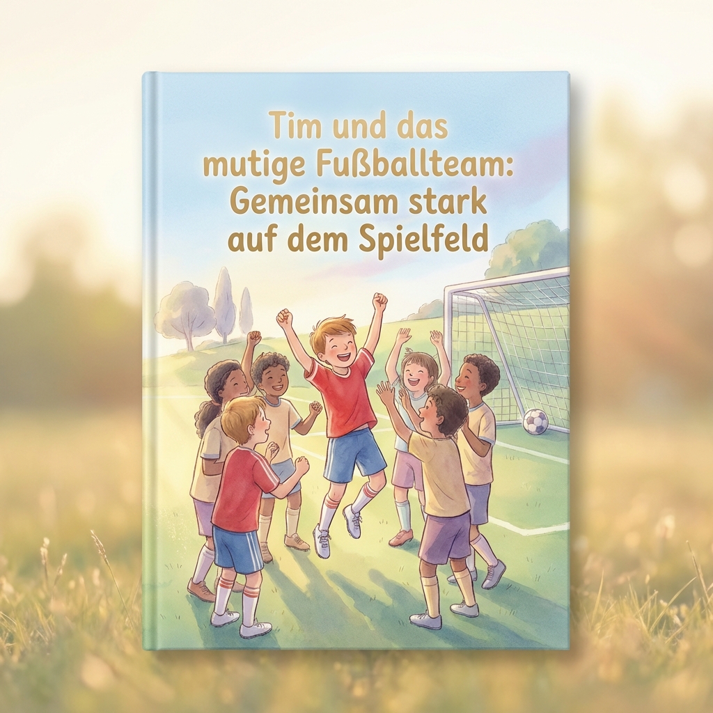 Kinderbuchcover mit Tim und seinem jubelnden Fußballteam vor dem Tor; Titel Tim und das mutige Fußballteam.