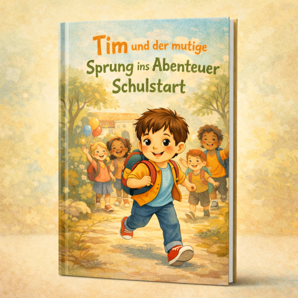 Kinderbuchcover: Junge mit Rucksack läuft voraus, lachende Kinder dahinter; Titel: Tim und der mutige Schulstart.