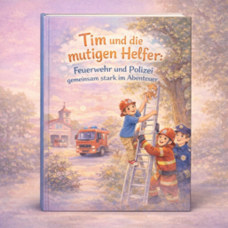 Kinderbuchcover Tim und die mutigen Helfer zeigt Tim auf Leiter, Feuerwehr und Polizist retten ein K&auml;tzchen.
