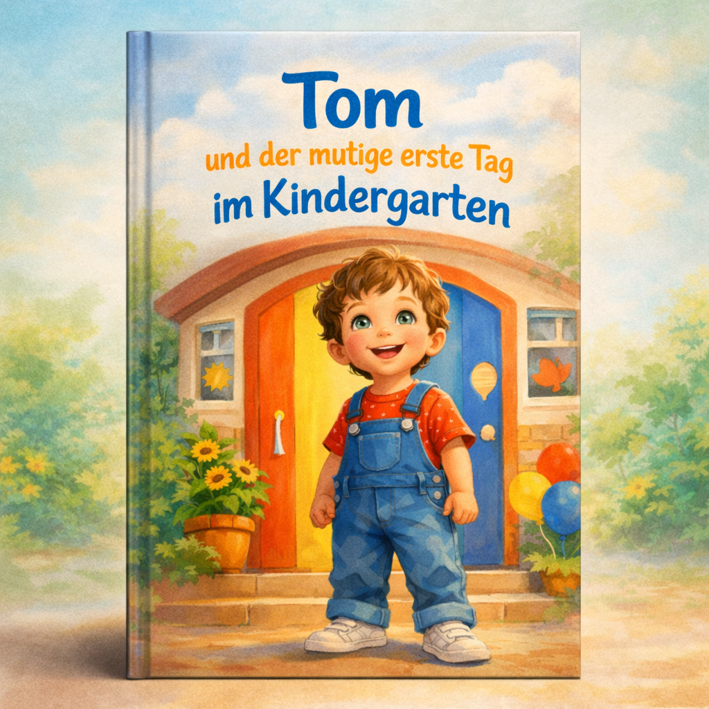 Buchcover: lachender Junge in blauer Latzhose vor buntem Kindergarten, Titel "Tom und der mutige erste Tag im Kindergarten".