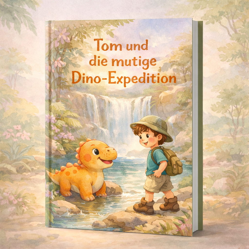 Buchcover Tom und die mutige Dino-Expedition: Junge mit Rucksack trifft fröhlichen orangefarbenen Dino vor Wasserfall.