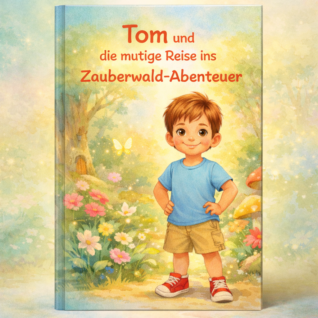 Buchcover mit kleinem Jungen in blauem T-Shirt und roten Schuhen im blühenden Zauberwald; Titel: Tom und die mutige Reise